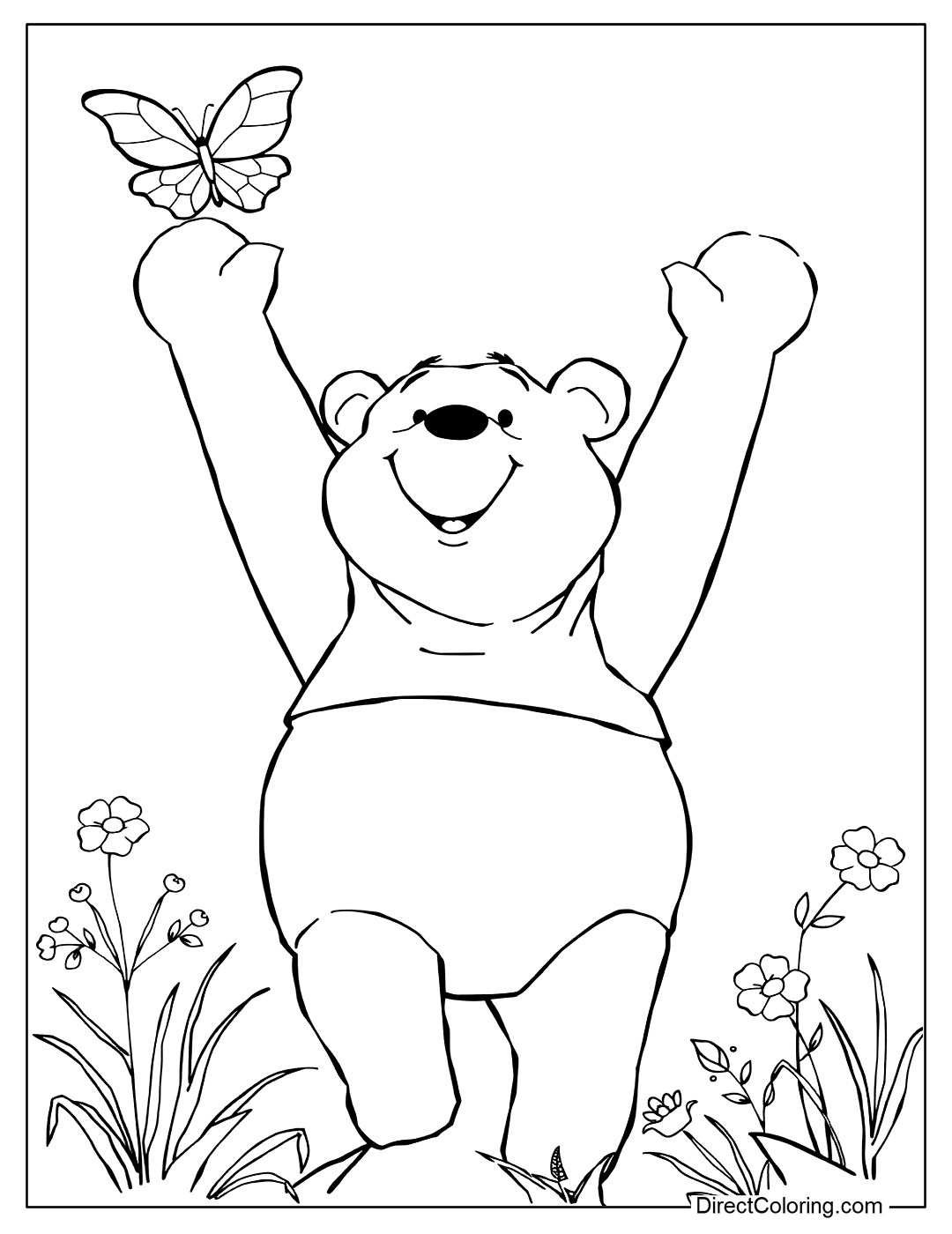 Winnie The Pooh Catching Butterfly Coloring for Kids